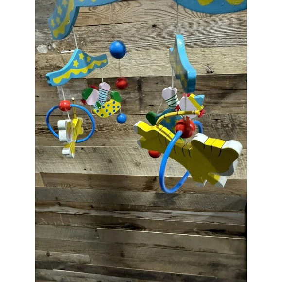 Vintage Sevi Wood Circus Themed Baby Mobile music clowns tigers sun rainbow - Picture 4 of 8